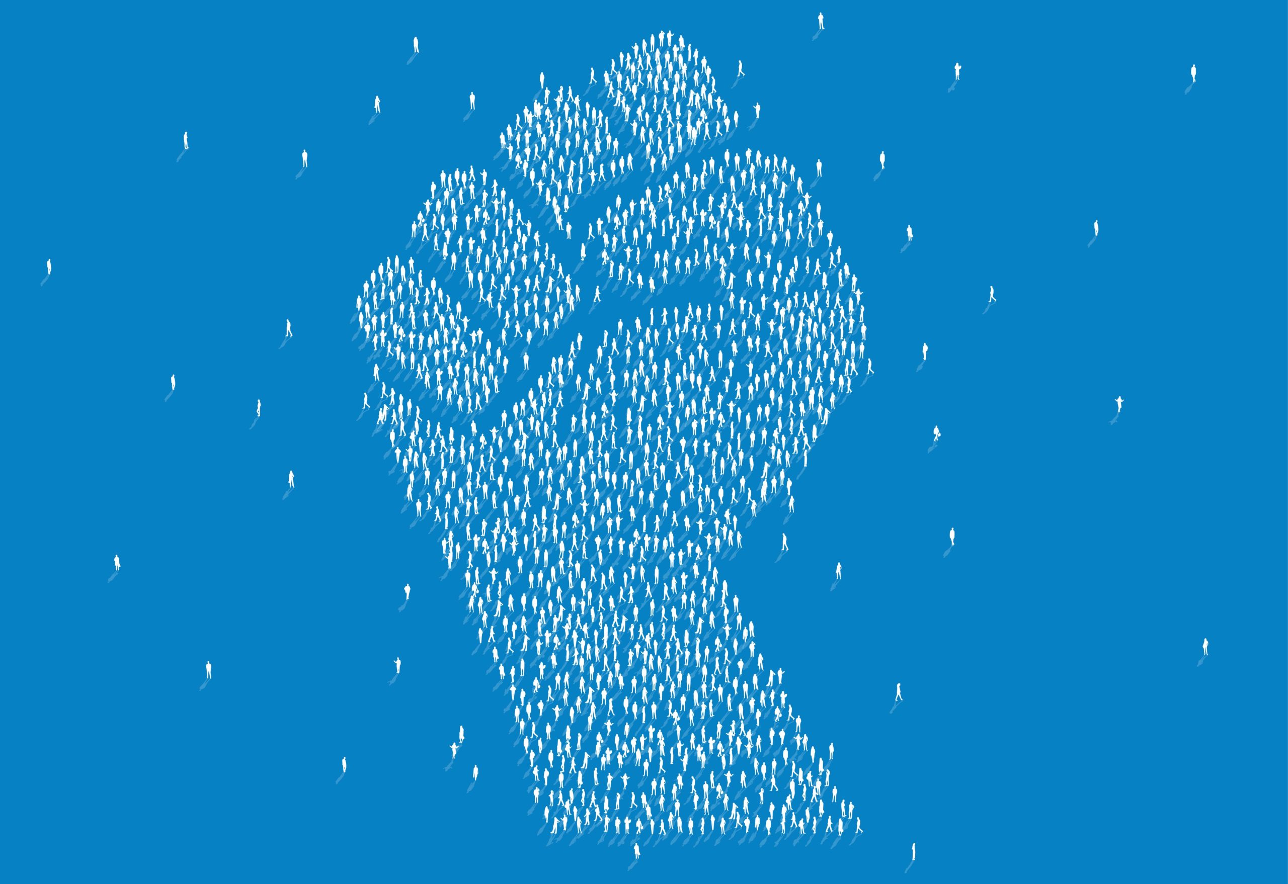 Human crowd together creating symbol of hand protest illustration