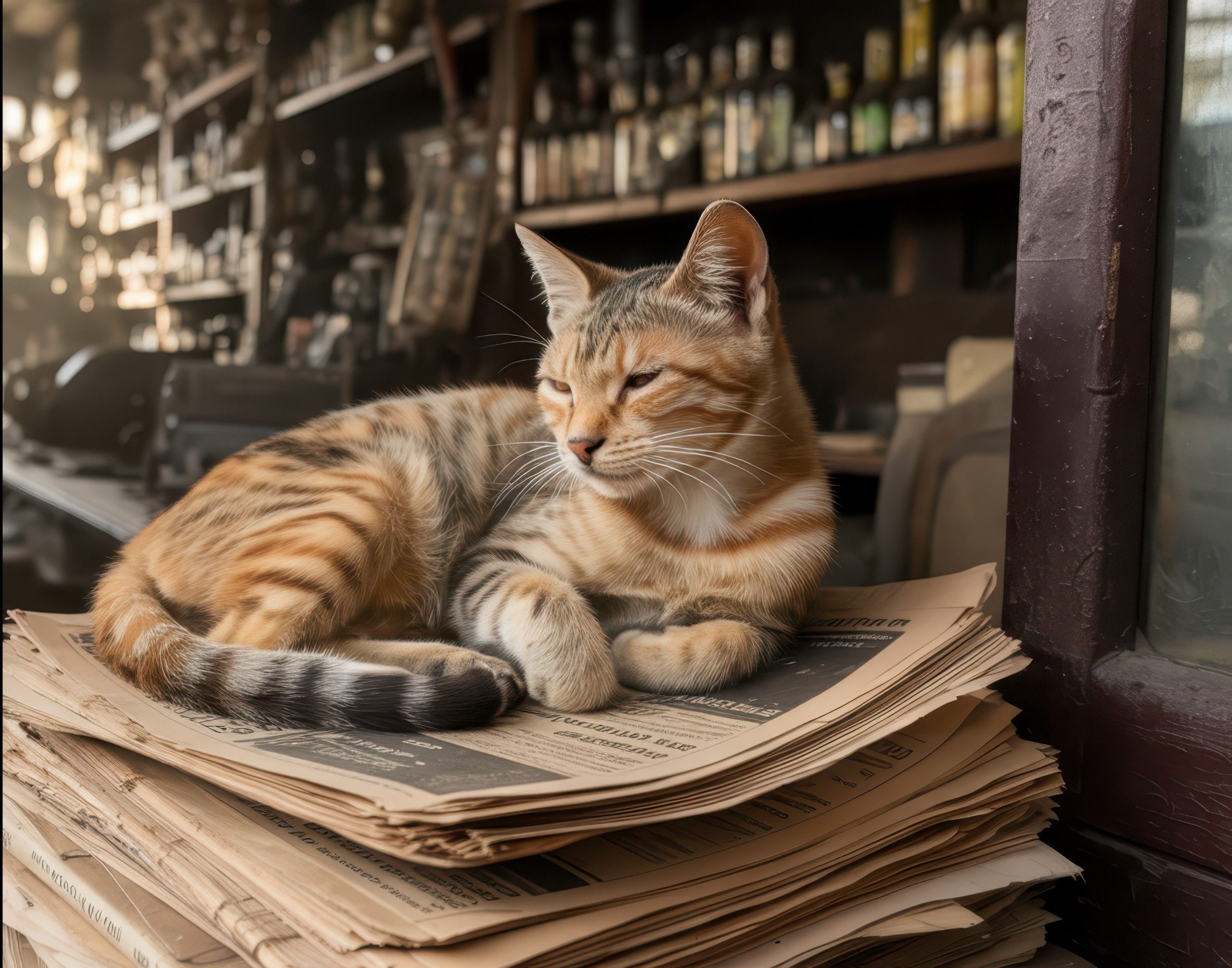 Sleek tabby cat resting on a pile of papers in cozy vintage-style library with warm sunlight streaming through windows